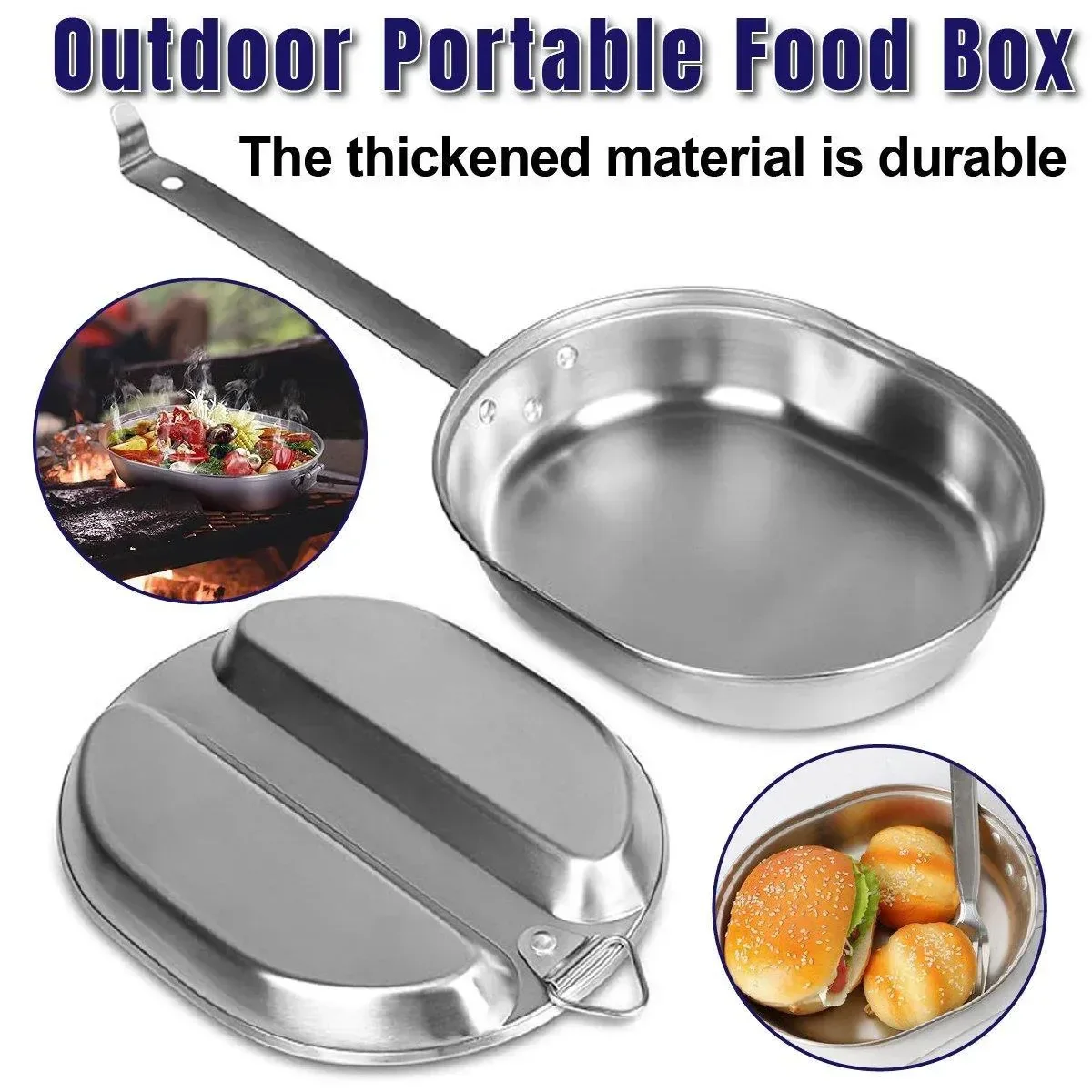Portable Outdoor Stainless Steel Lunch Box Long Handle Oval Camping Cookware