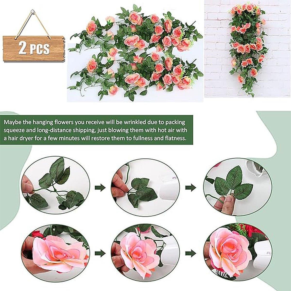 2PCS Artificial Rose Flower Garland Hanging Vine Home Wall Decor Fake Rattan