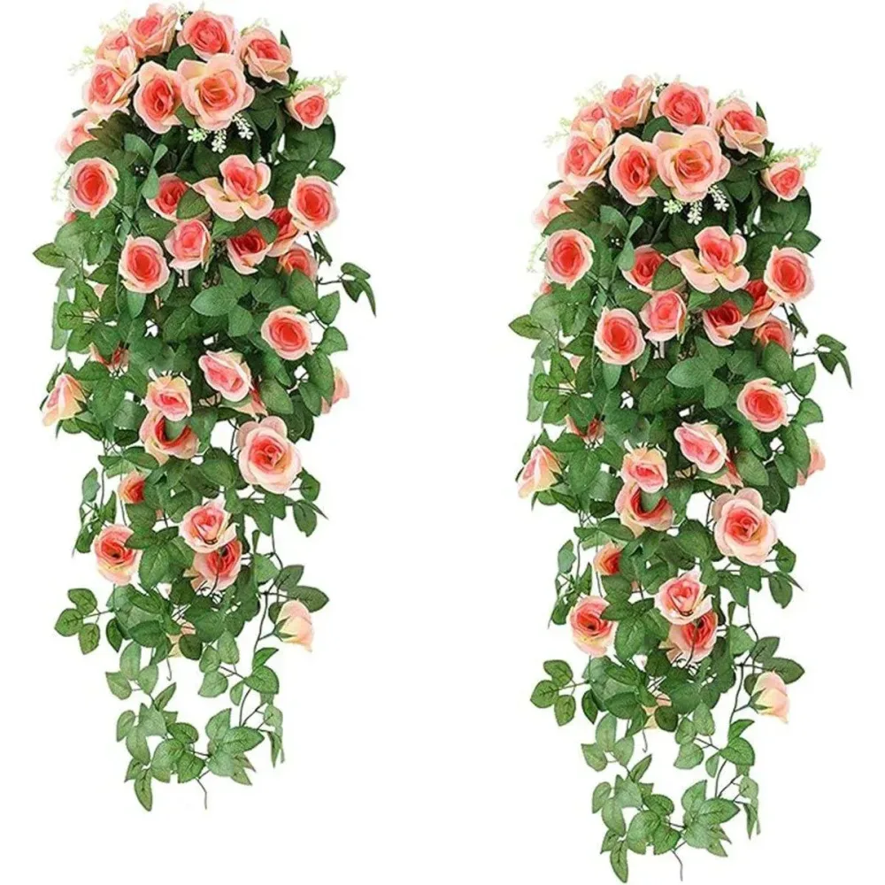 2PCS Artificial Rose Flower Garland Hanging Vine Home Wall Decor Fake Rattan