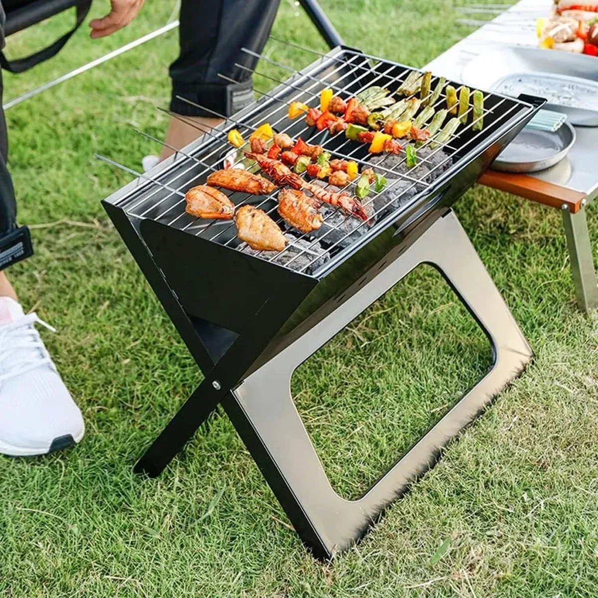 Grillz BBQ Grill Charcoal Smoker Outdoor Portable Camping Folding Steel Barbecue
