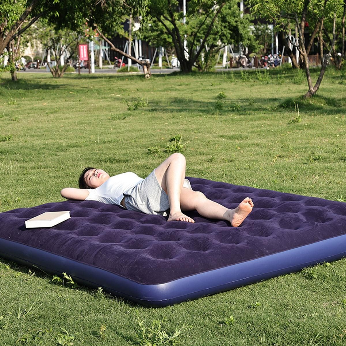 Single Inflatable Airbed 186x96cm Easy Inflate Flocked Air Mattress for Camping