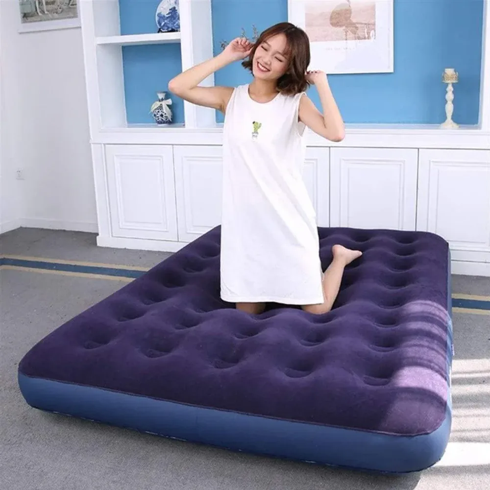 Single Inflatable Airbed 186x96cm Easy Inflate Flocked Air Mattress for Camping