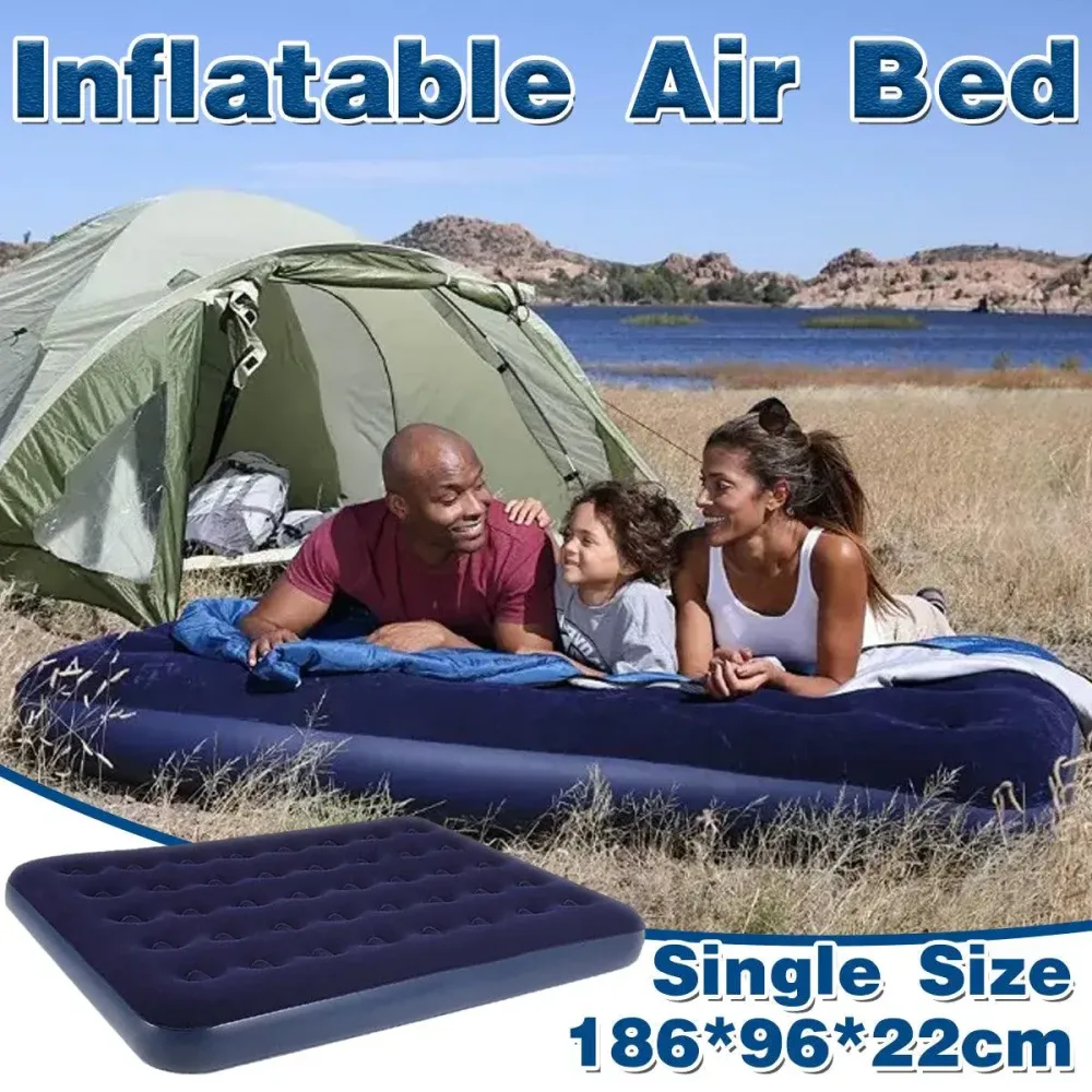 Single Inflatable Airbed 186x96cm Easy Inflate Flocked Air Mattress for Camping