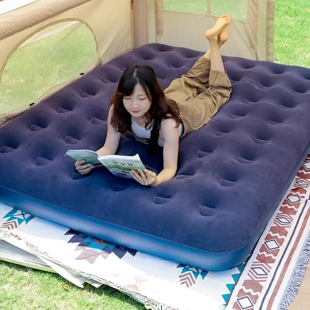 Single Inflatable Airbed 186x96cm Easy Inflate Flocked Air Mattress for Camping