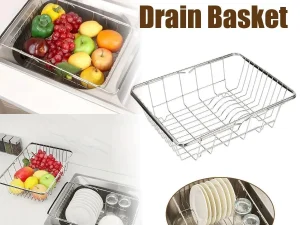 Stainless Steel Sink Draining Basket Telescopic Dish Rack Kitchen Storage Holder