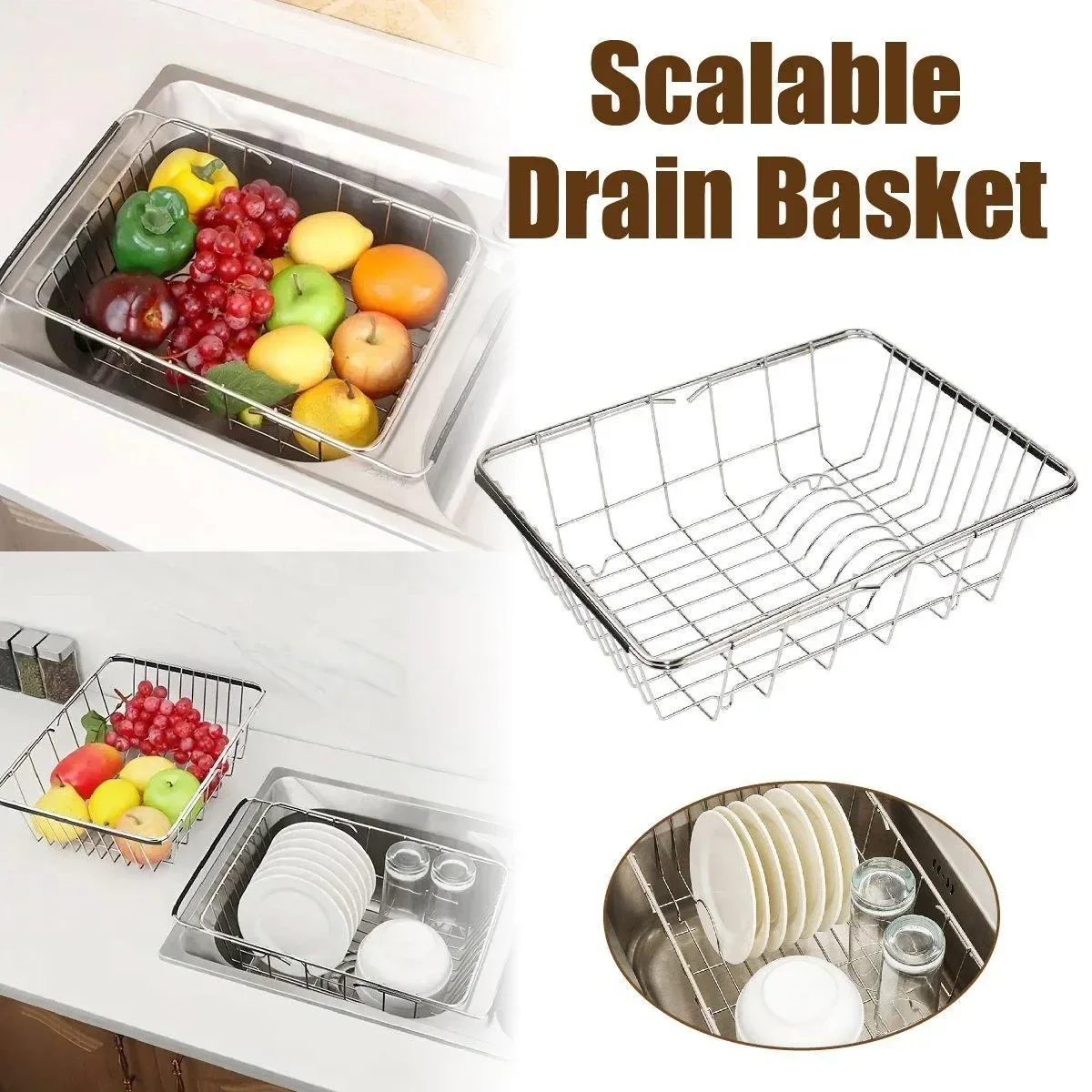 Stainless Steel Sink Draining Basket Telescopic Dish Rack Kitchen Storage Holder