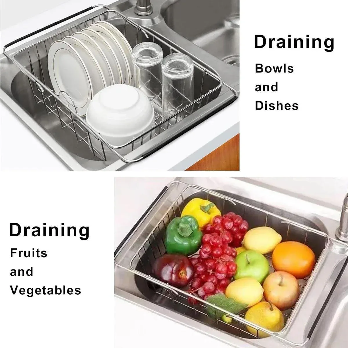 Stainless Steel Sink Draining Basket Telescopic Dish Rack Kitchen Storage Holder