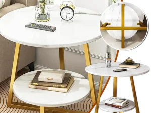 Round Side Table 2 Tier White Nightstand Coffee Sofa End Table Marble Design