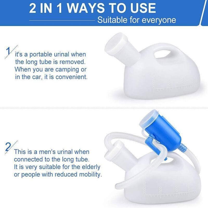 2000ml Portable Male Urinal Bottle w/ 1.2m Tube for Car Camping Travel Outdoor