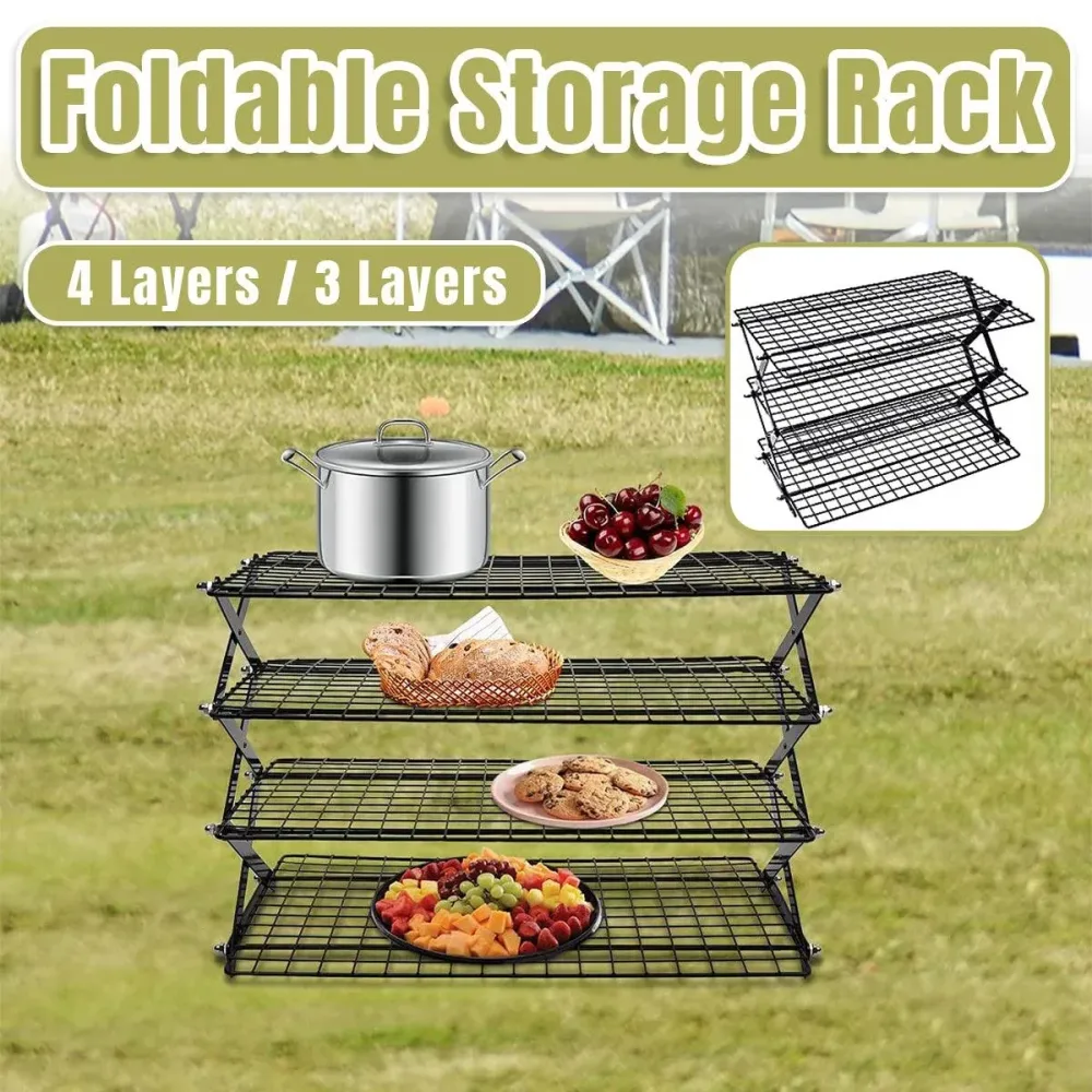 3/4 Tier Camping Dining Rack Iron Shelf Portable Picnic Rack Foldable Storage