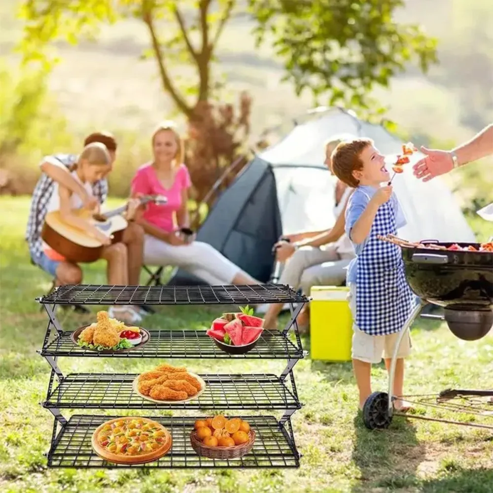 3/4 Tier Camping Dining Rack Iron Shelf Portable Picnic Rack Foldable Storage