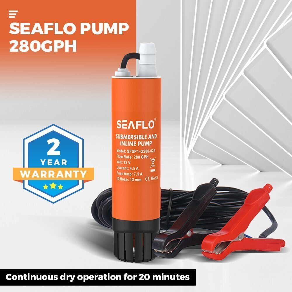 SEAFLO Submersible Inline Pump 12V 280GPH Transfer Pump Water Resistant High