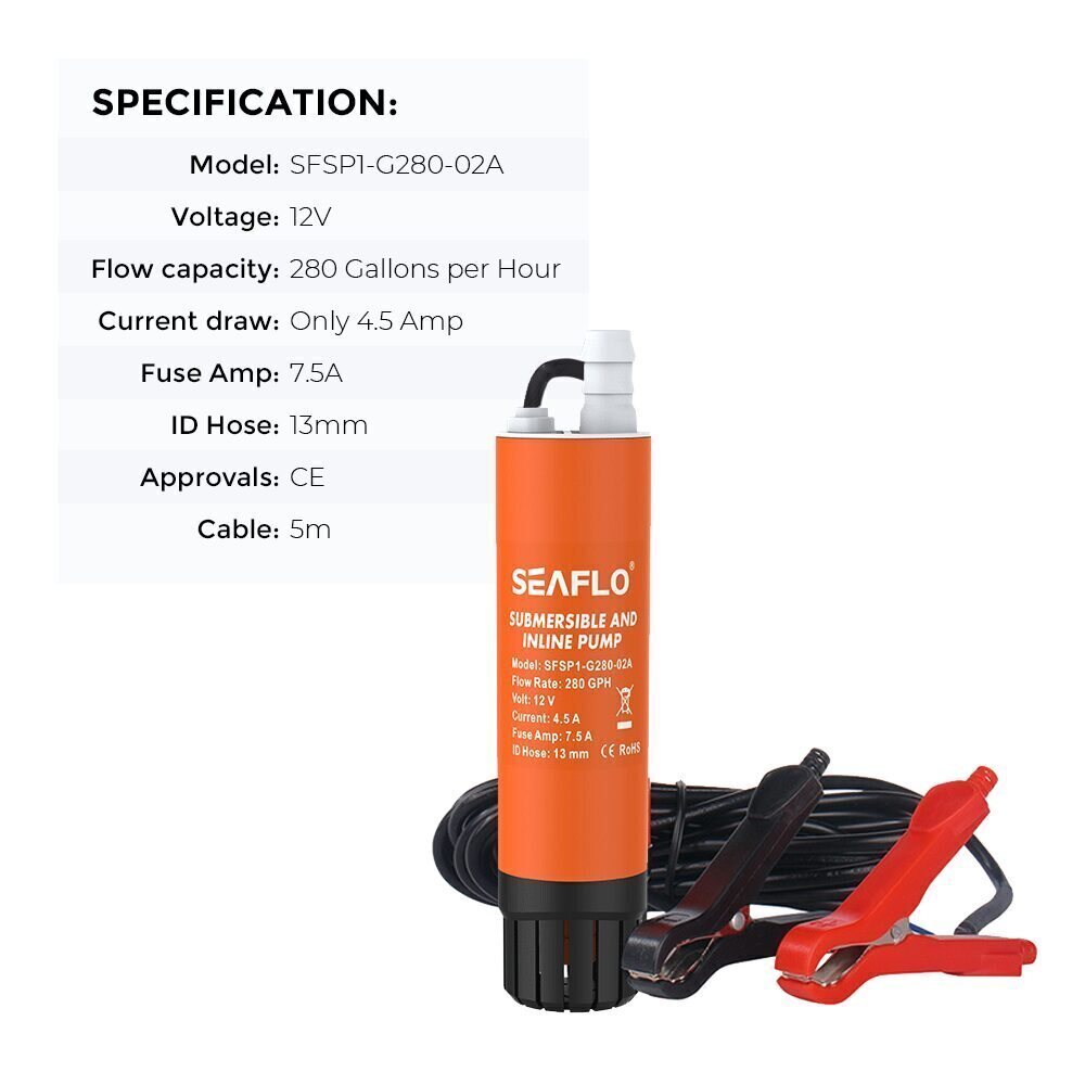 SEAFLO Submersible Inline Pump 12V 280GPH Transfer Pump Water Resistant High