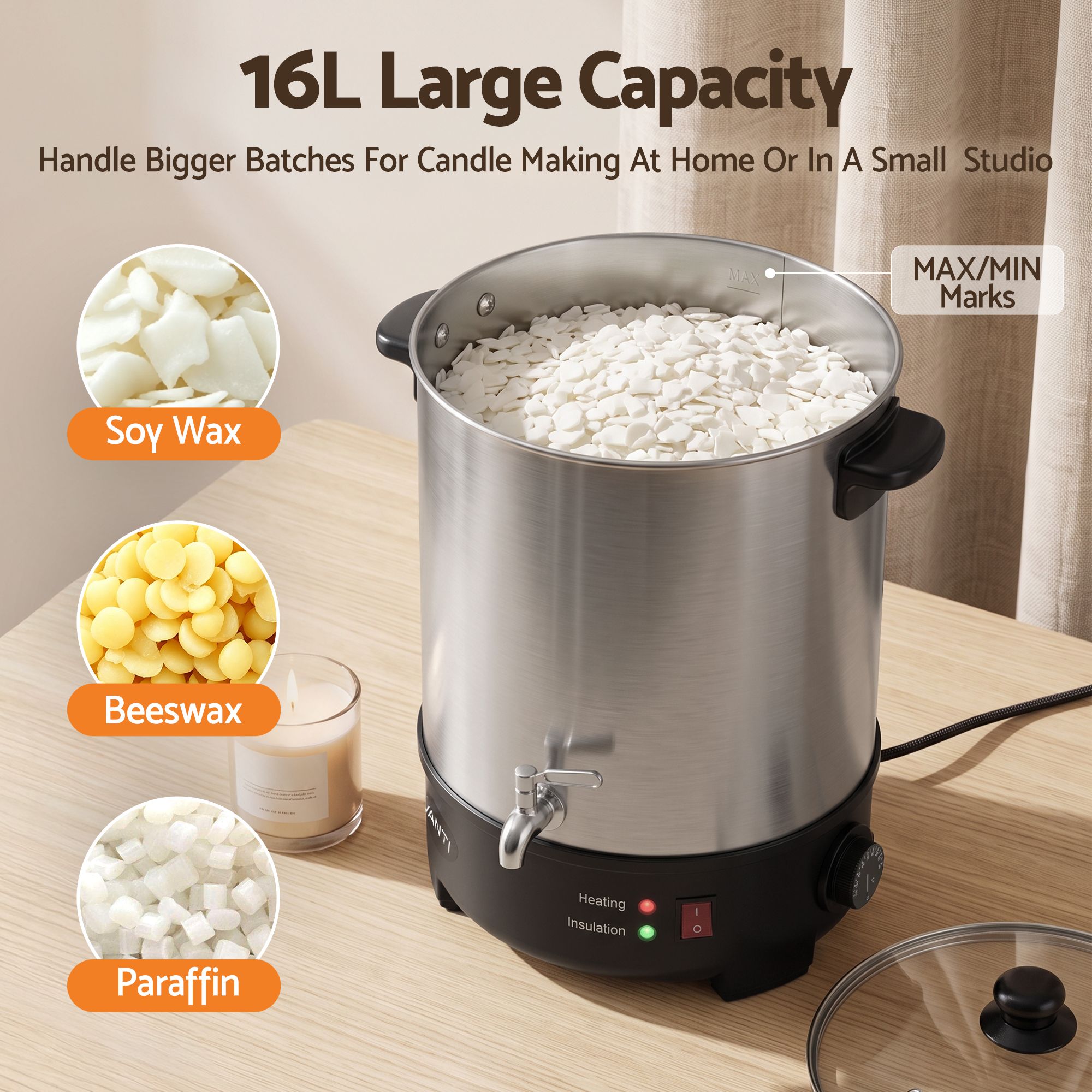 Devanti 16L Wax Melter Candle Making 1500W Melting Pot Furnace Quick Pour Spout