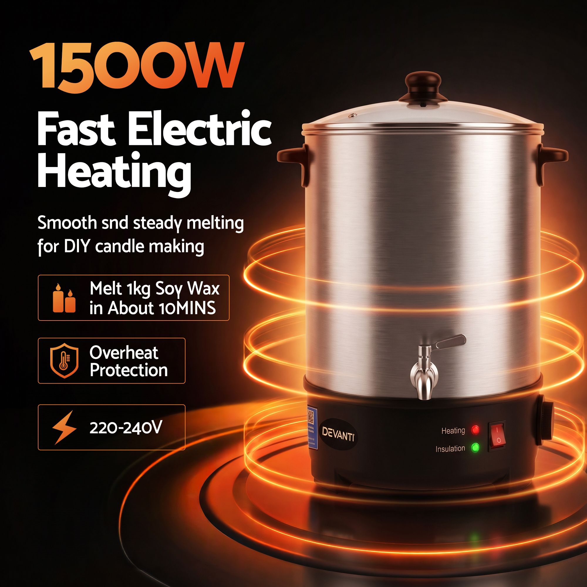 Devanti 16L Wax Melter Candle Making 1500W Melting Pot Furnace Quick Pour Spout