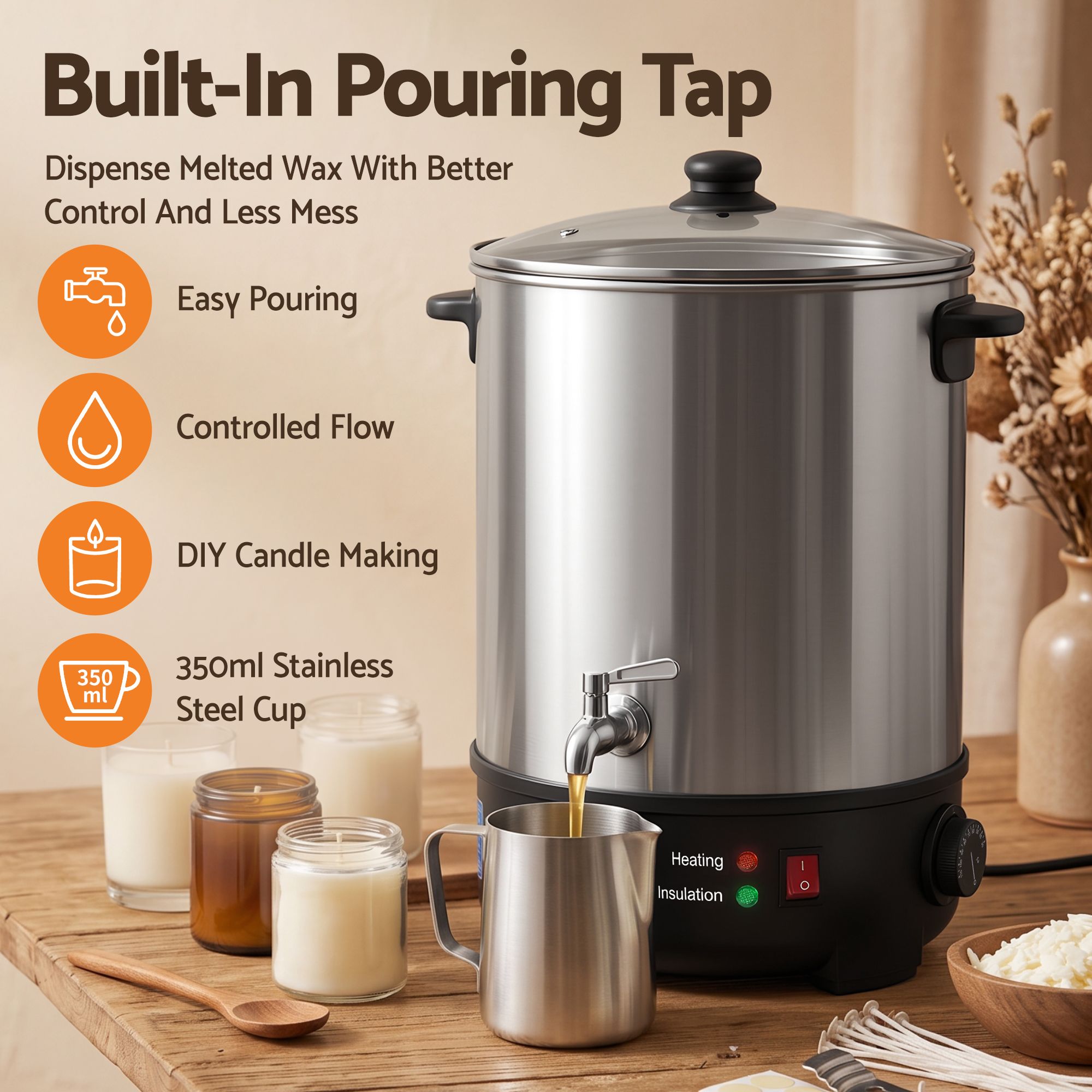Devanti 16L Wax Melter Candle Making 1500W Melting Pot Furnace Quick Pour Spout