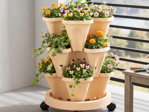 Green Fingers 3 Tier Stackable Vertical Planter Tower Strawberry Pot Wheels