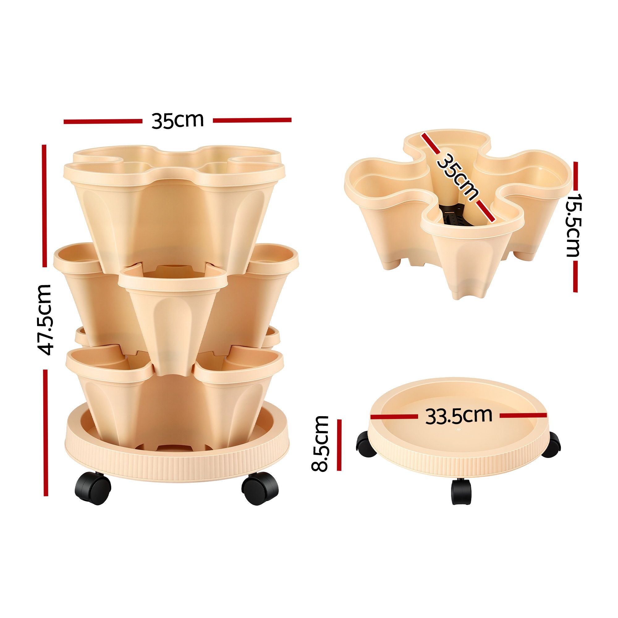 Green Fingers 3 Tier Stackable Vertical Planter Tower Strawberry Pot Wheels
