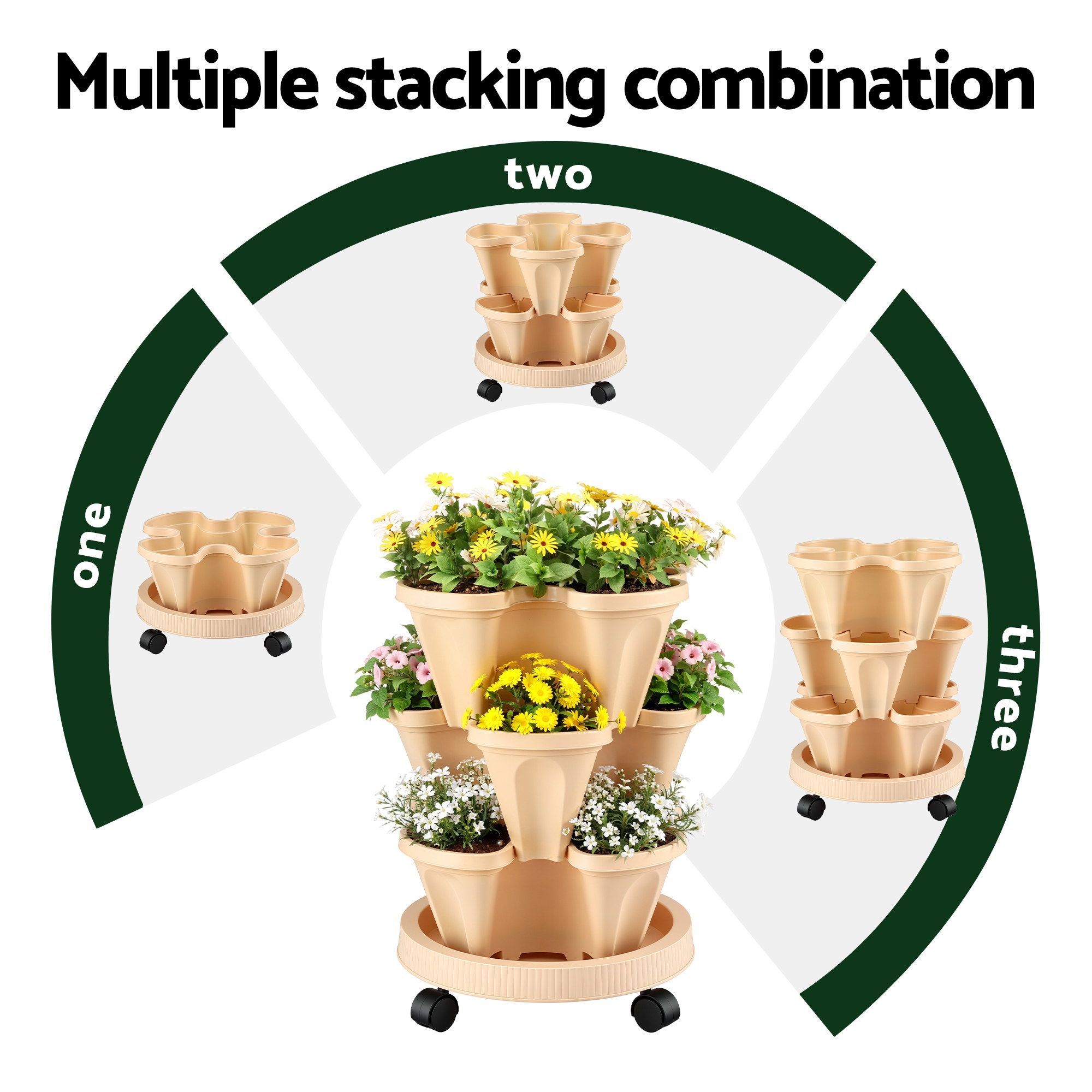 Green Fingers 3 Tier Stackable Vertical Planter Tower Strawberry Pot Wheels