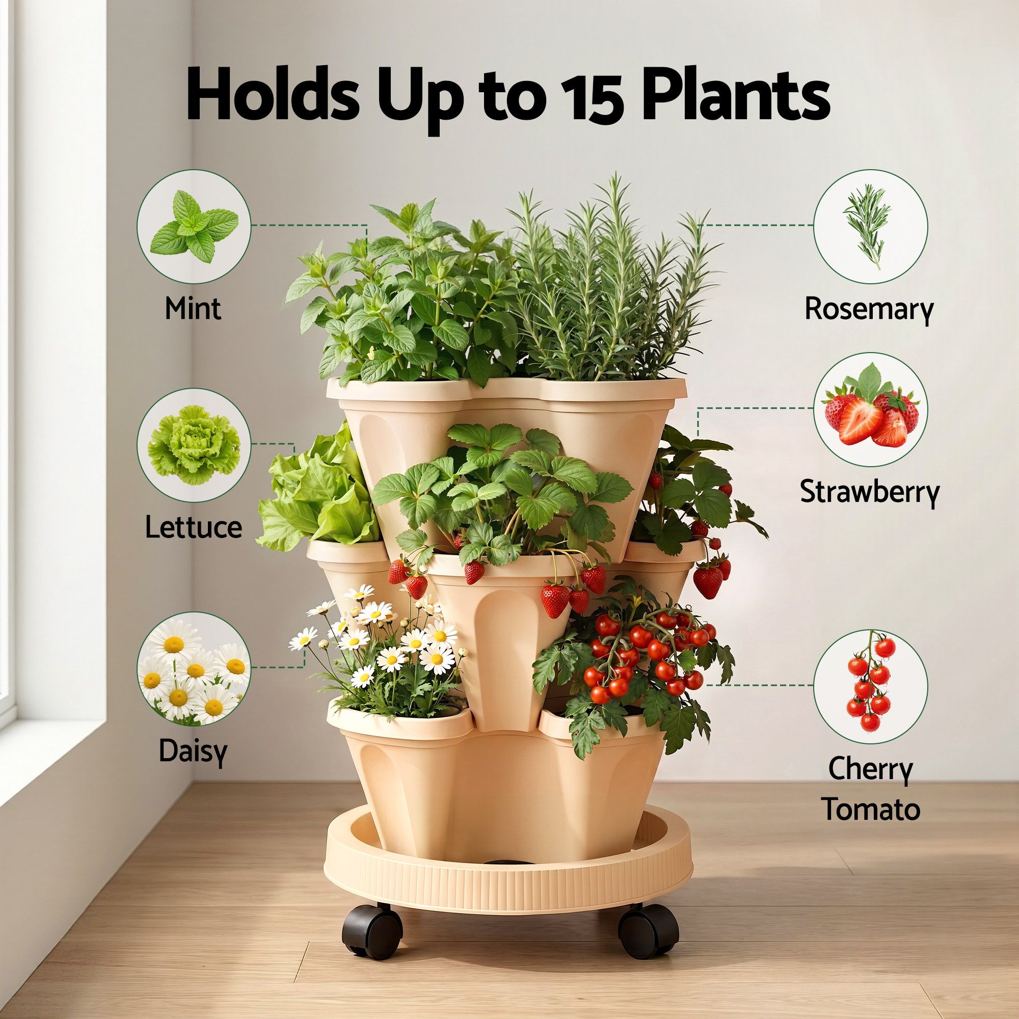 Green Fingers 3 Tier Stackable Vertical Planter Tower Strawberry Pot Wheels