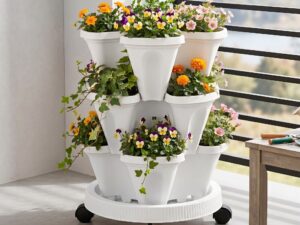 Green Fingers 3 Tier Stackable Vertical Planter Tower Strawberry Pot Wheels
