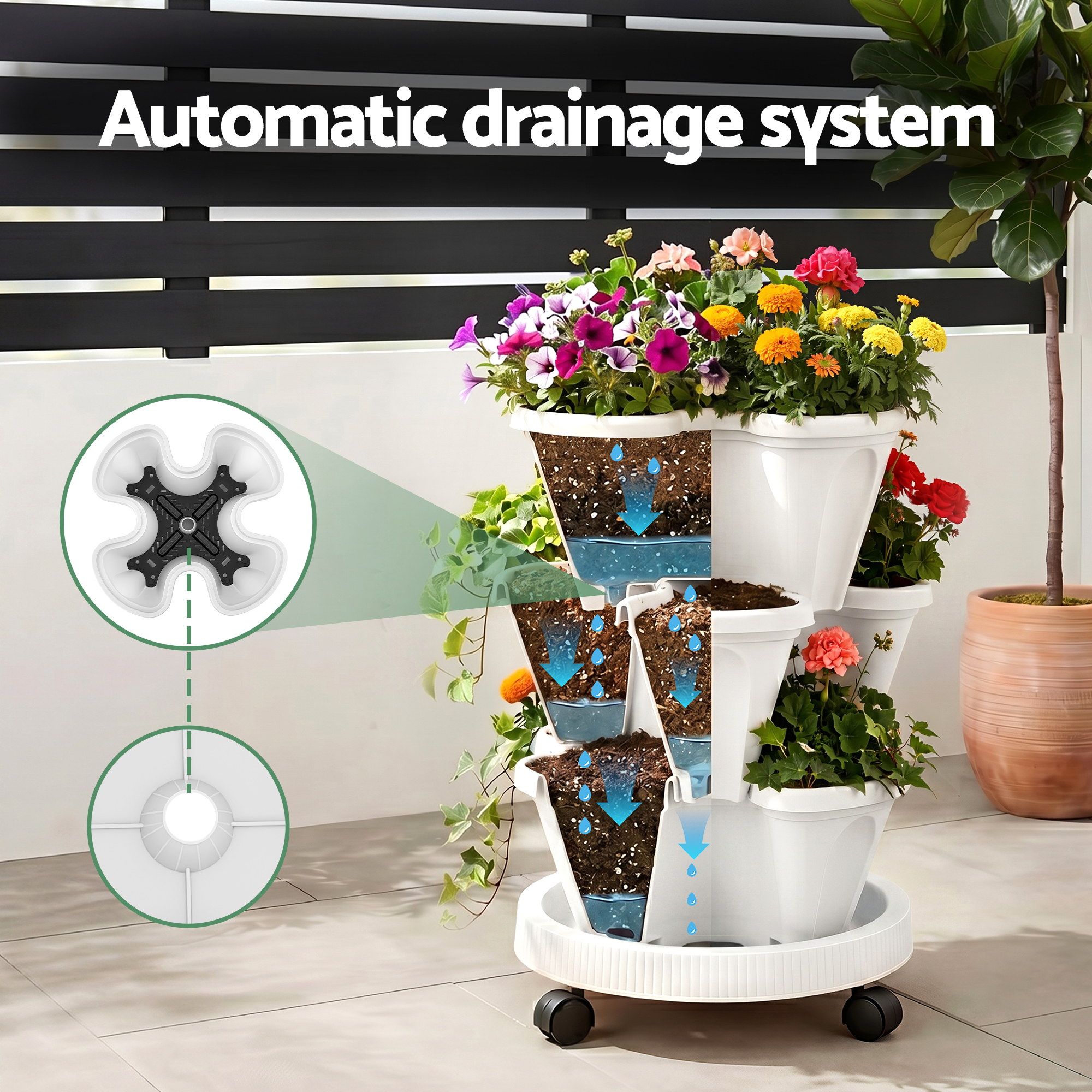 Green Fingers 3 Tier Stackable Vertical Planter Tower Strawberry Pot Wheels