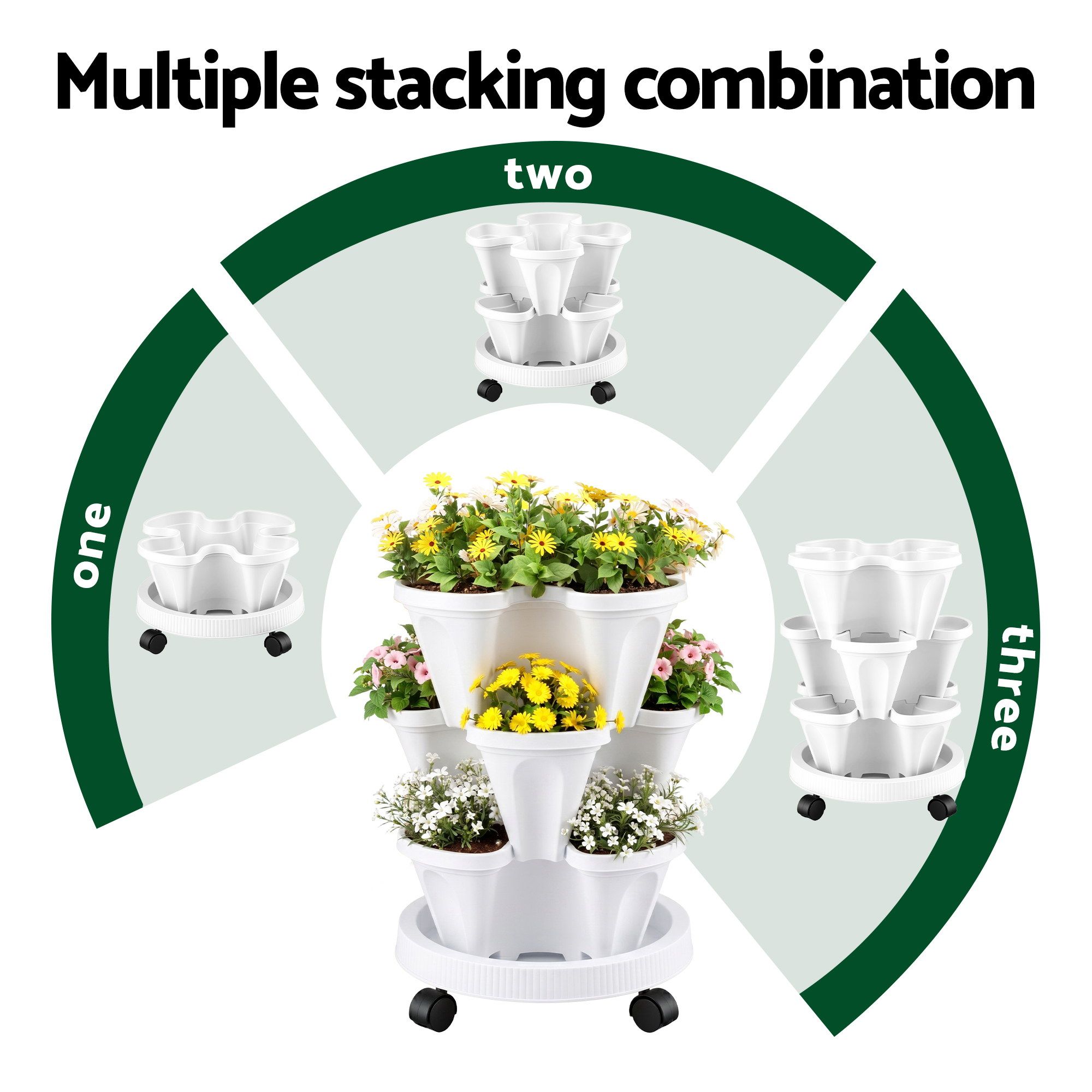 Green Fingers 3 Tier Stackable Vertical Planter Tower Strawberry Pot Wheels