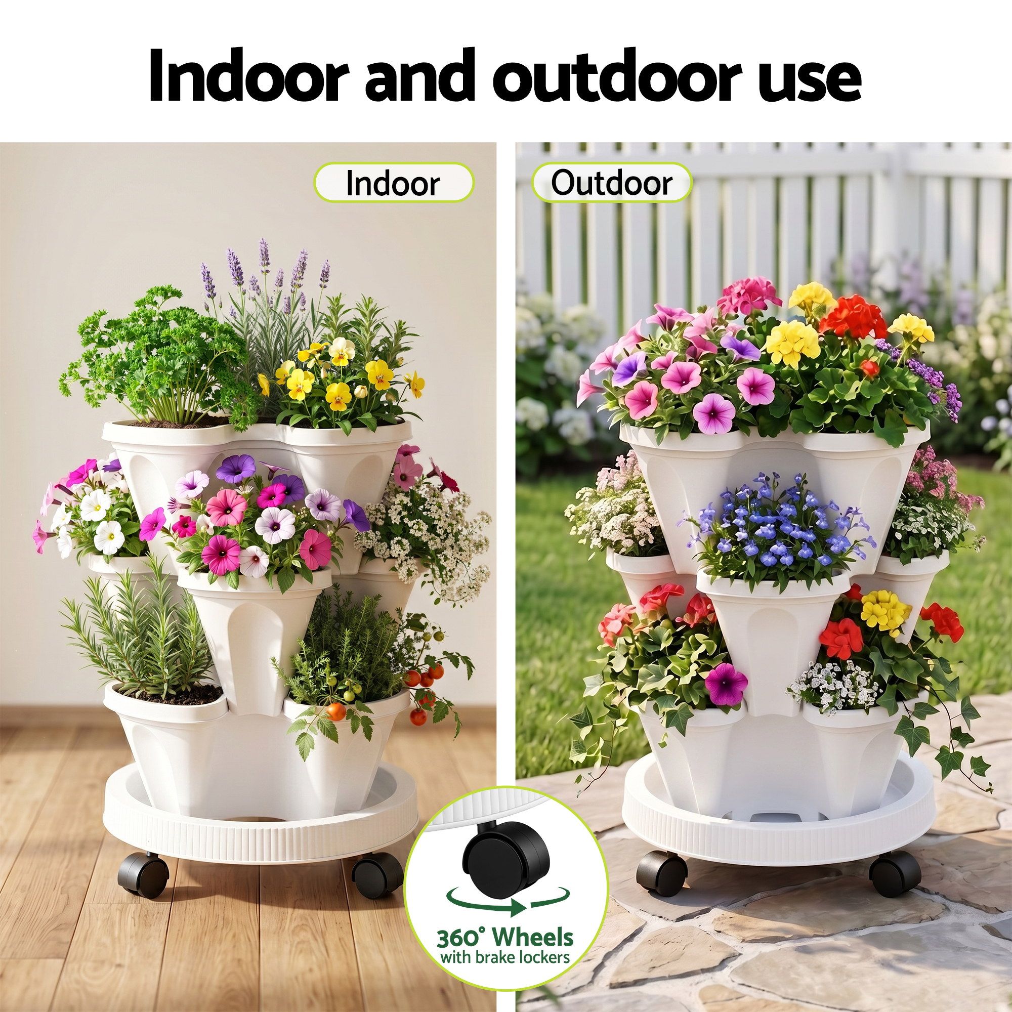 Green Fingers 3 Tier Stackable Vertical Planter Tower Strawberry Pot Wheels