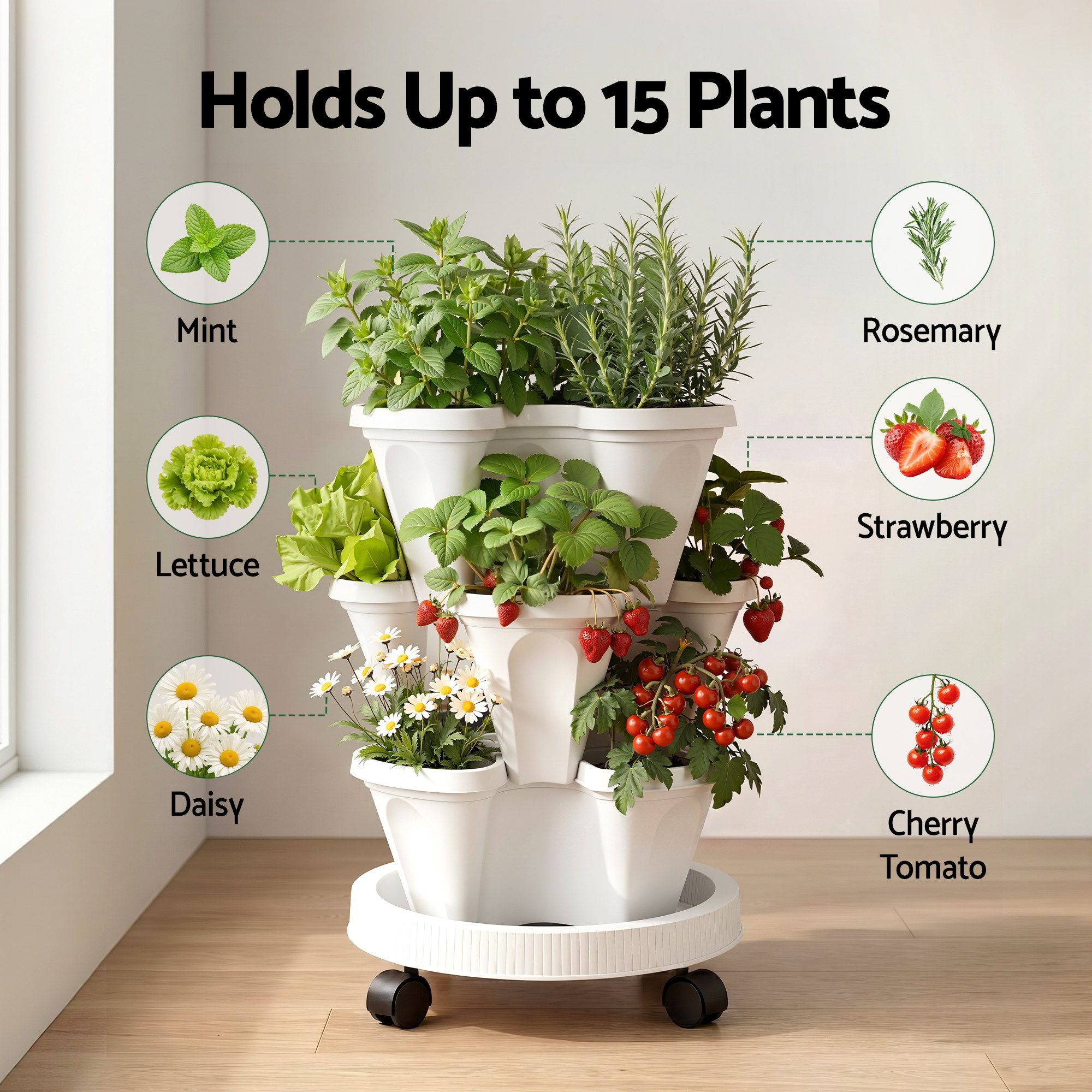 Green Fingers 3 Tier Stackable Vertical Planter Tower Strawberry Pot Wheels