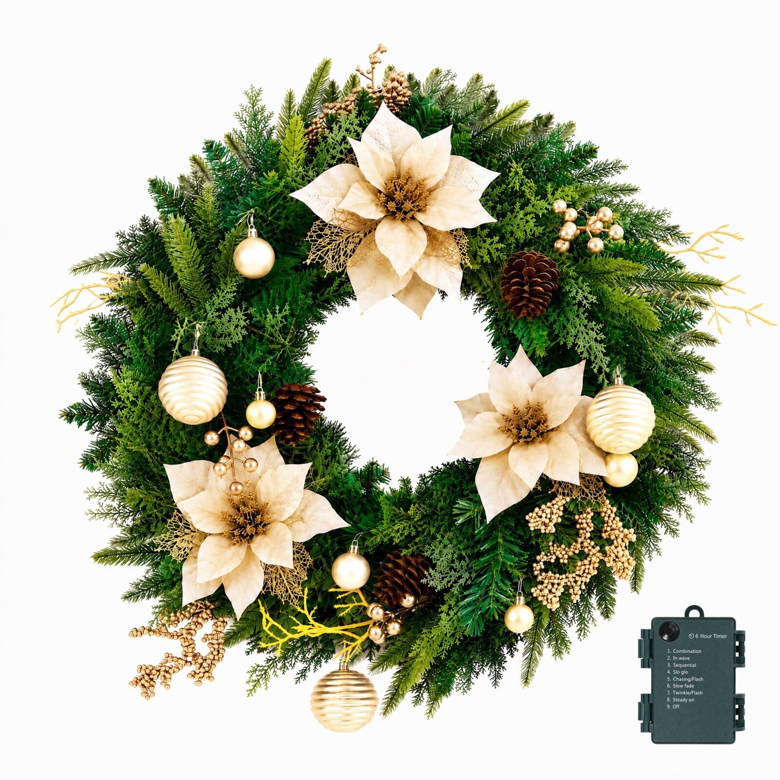 Jingle Jollys 60cm Pre-Lit Christmas Wreath LED Garlands Gold Flowers Pinecones