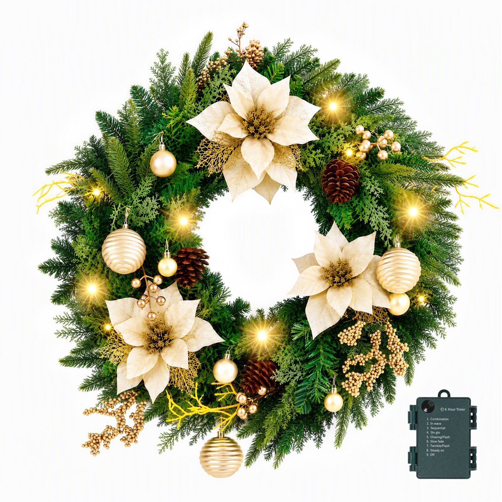 Jingle Jollys 60cm Pre-Lit Christmas Wreath LED Garlands Gold Flowers Pinecones