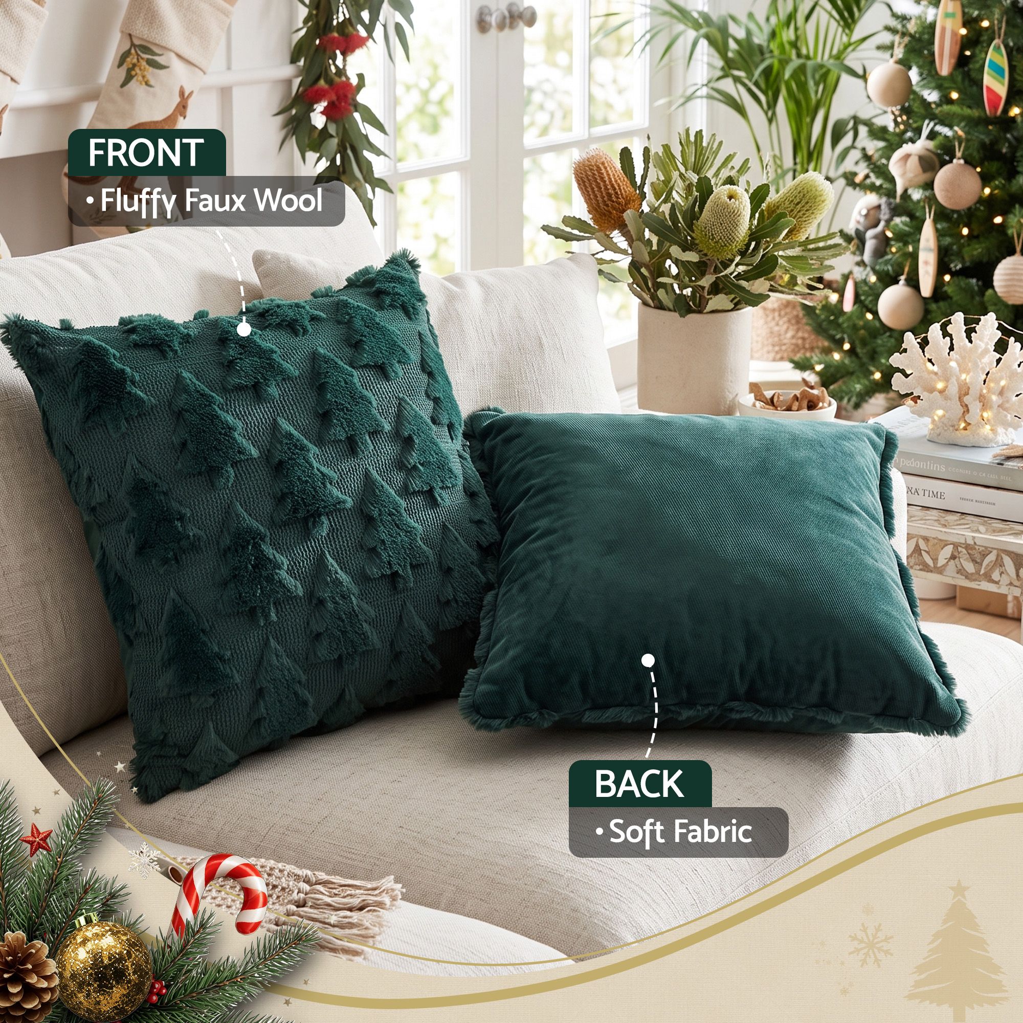 Jingle Jollys Christmas Tree Pillow Covers 2 Packs Cushion Covers Soft Faux Fur