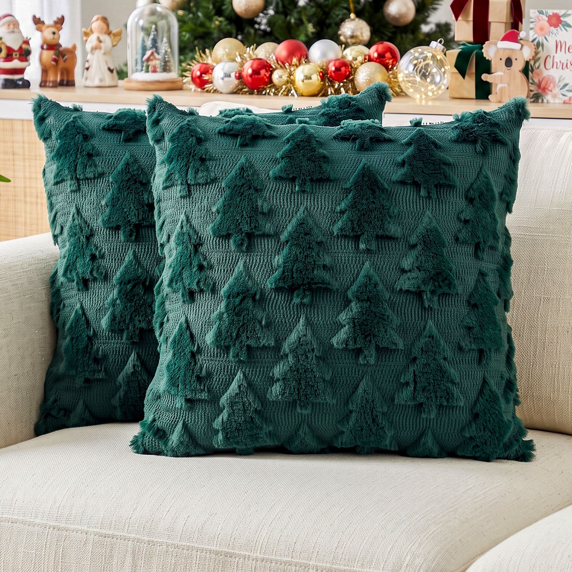 Jingle Jollys Christmas Tree Pillow Covers 2 Packs Cushion Covers Soft Faux Fur