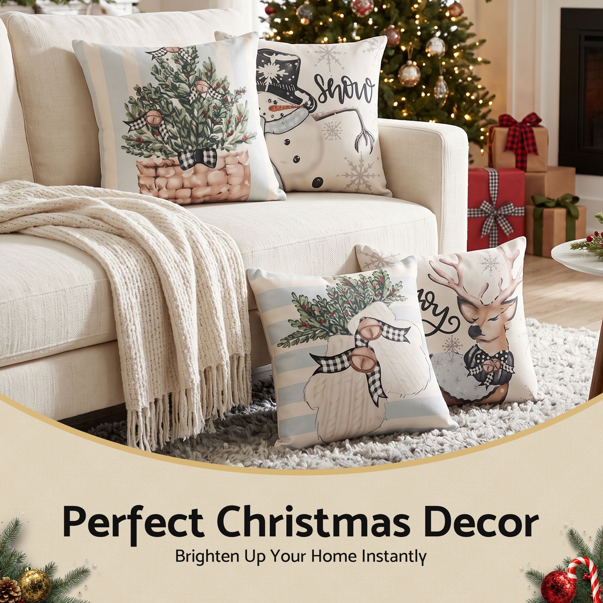 Jingle Jollys Christmas Cushion Covers 4pc Pillow Covers 45x45cm w/ 4 Cute