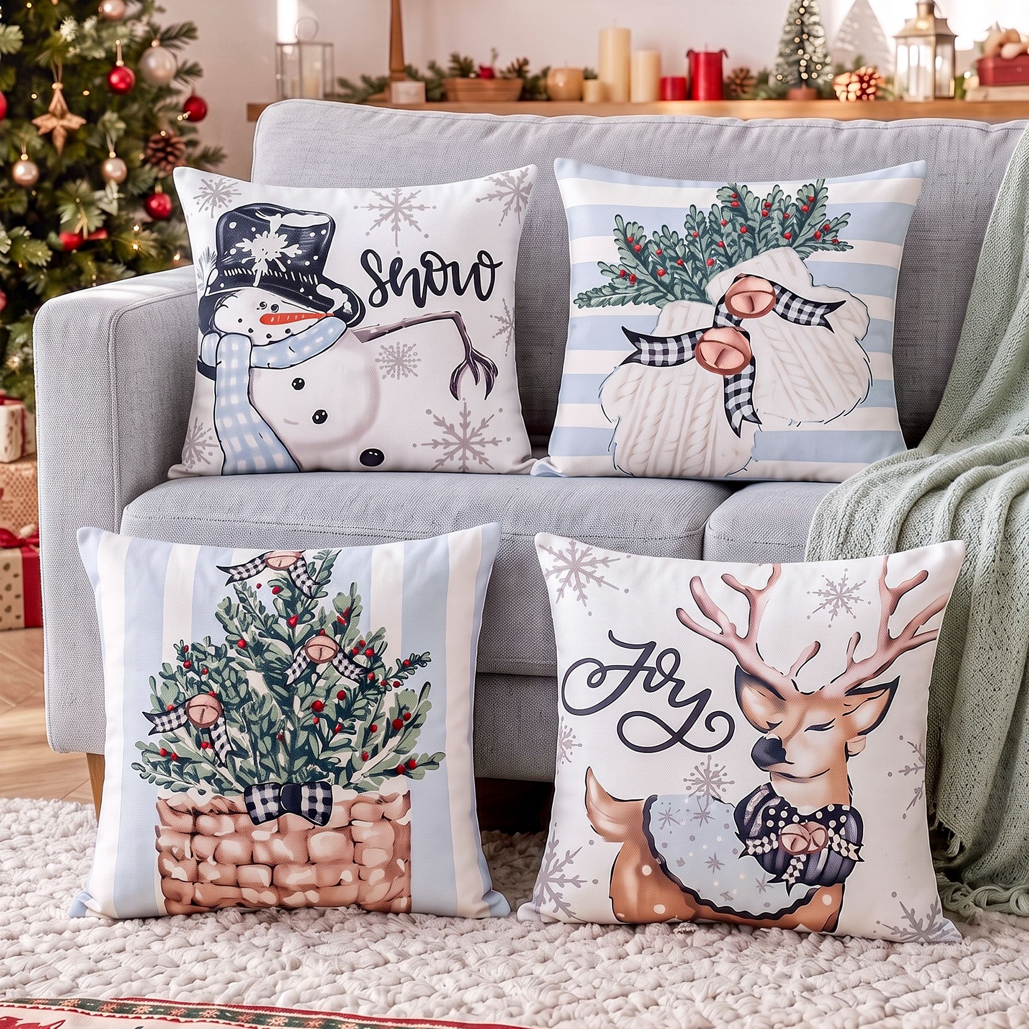 Jingle Jollys Christmas Cushion Covers 4pc Pillow Covers 45x45cm w/ 4 Cute