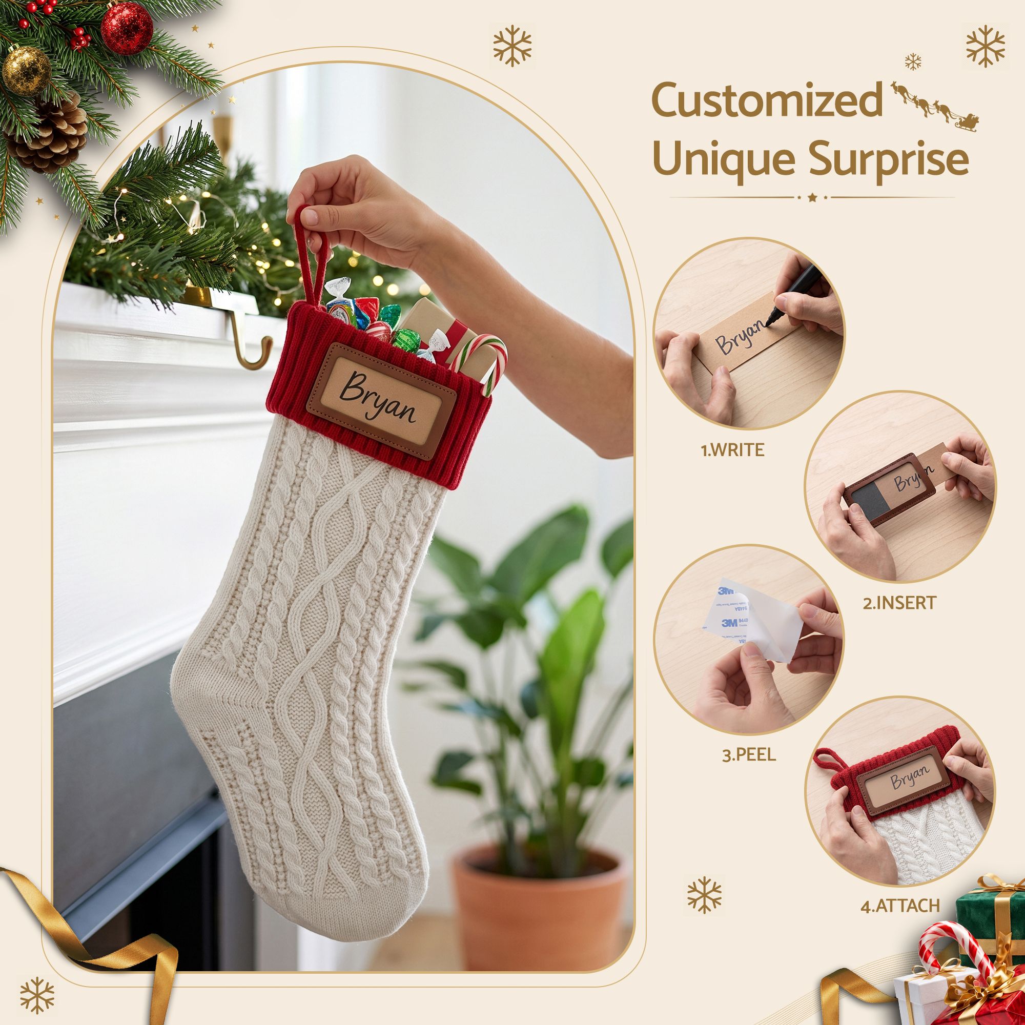 Jingle Jollys 3PCS Personalized Christmas Stockings w/ Leather Patches, 16 Inch