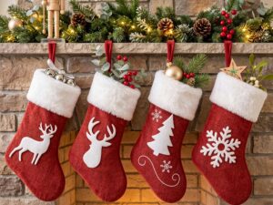 Jingle Jollys 4 Pack Large Velvet Christmas Stockings 46.5cm Red White Decor