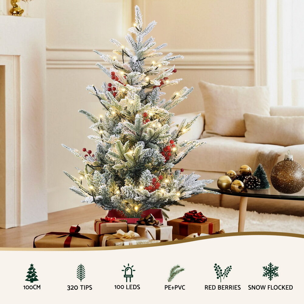Jingle Jollys Christmas Tree 1M LED Potted Xmas Party Decor Red Barries Flocked