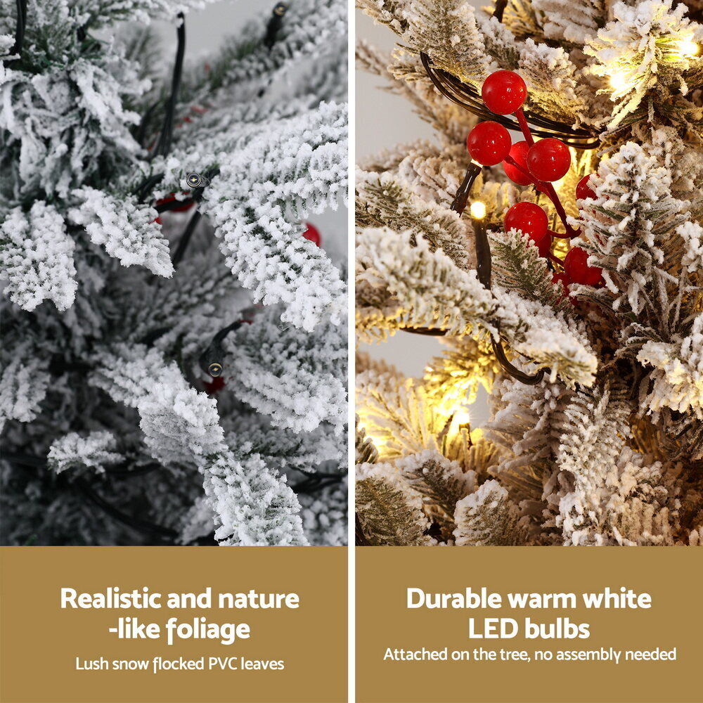 Jingle Jollys Christmas Tree 1M LED Potted Xmas Party Decor Red Barries Flocked