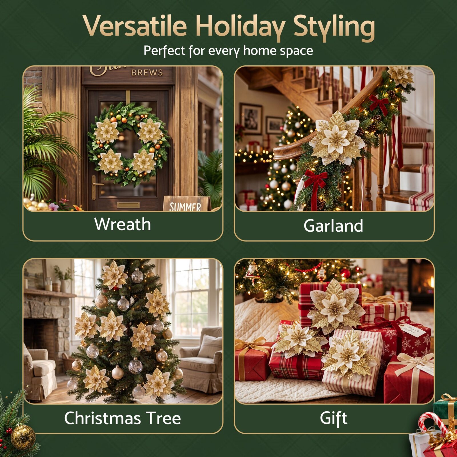 Jingle Jollys 10Pcs Christmas Tree Flower Set Garland Wreath Poinsettia