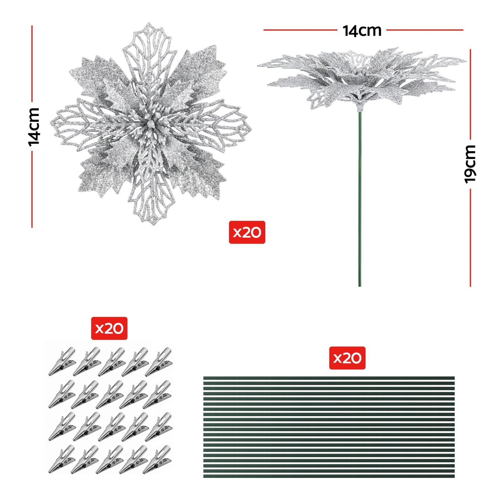 Jingle Jollys 20Pcs Christmas Tree Flower Set Garland Wreath Poinsettia
