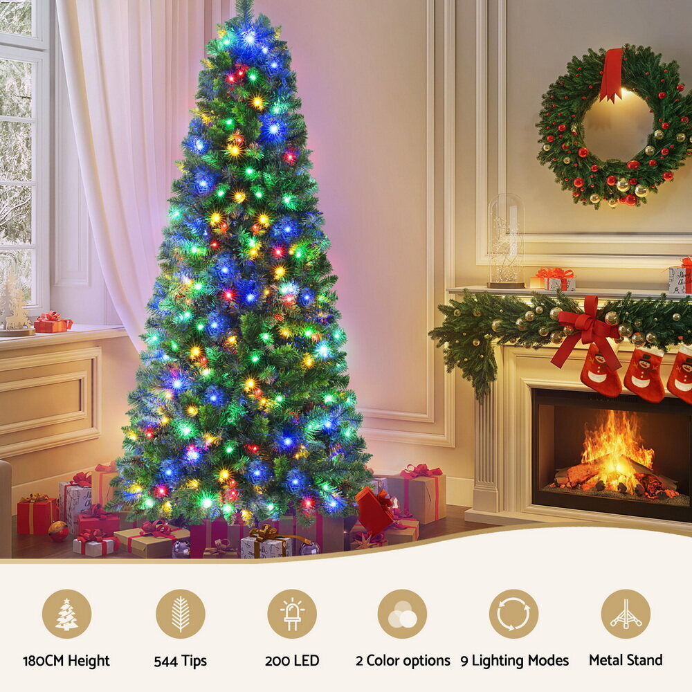 Jingle Jollys 1.8M Pre-lit Christmas Tree 8 Mode Multi Colour 200 LED Light Xmas