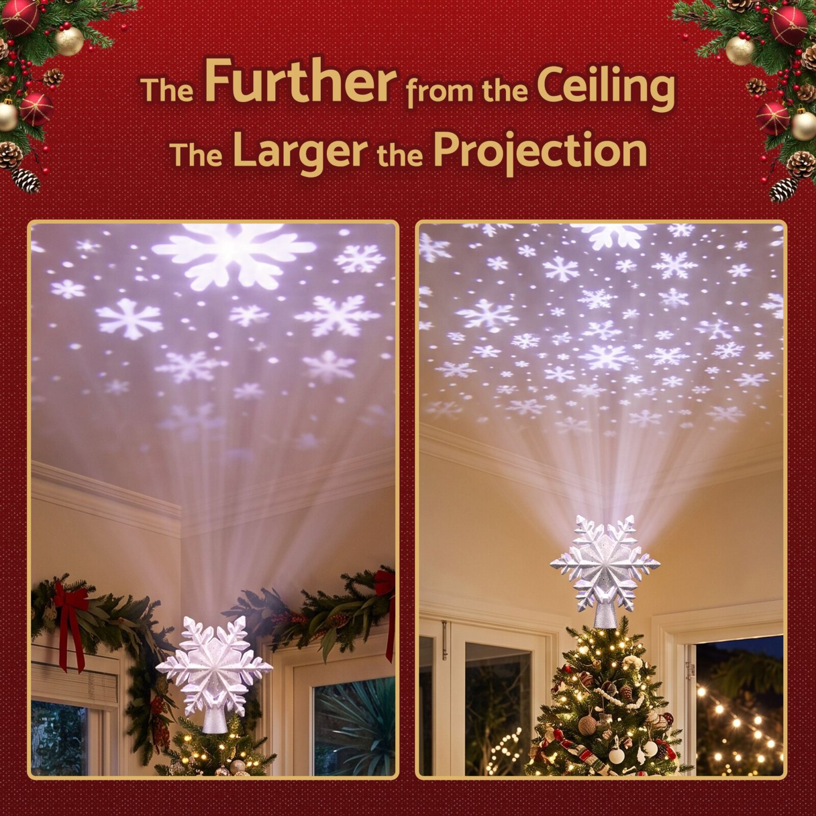Jingle Jollys Christmas Tree Topper Lighted 360° Rotating Snowflake Projector