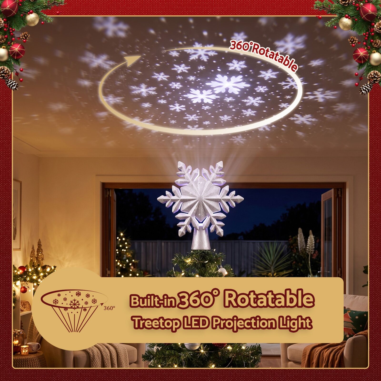 Jingle Jollys Christmas Tree Topper Lighted 360° Rotating Snowflake Projector