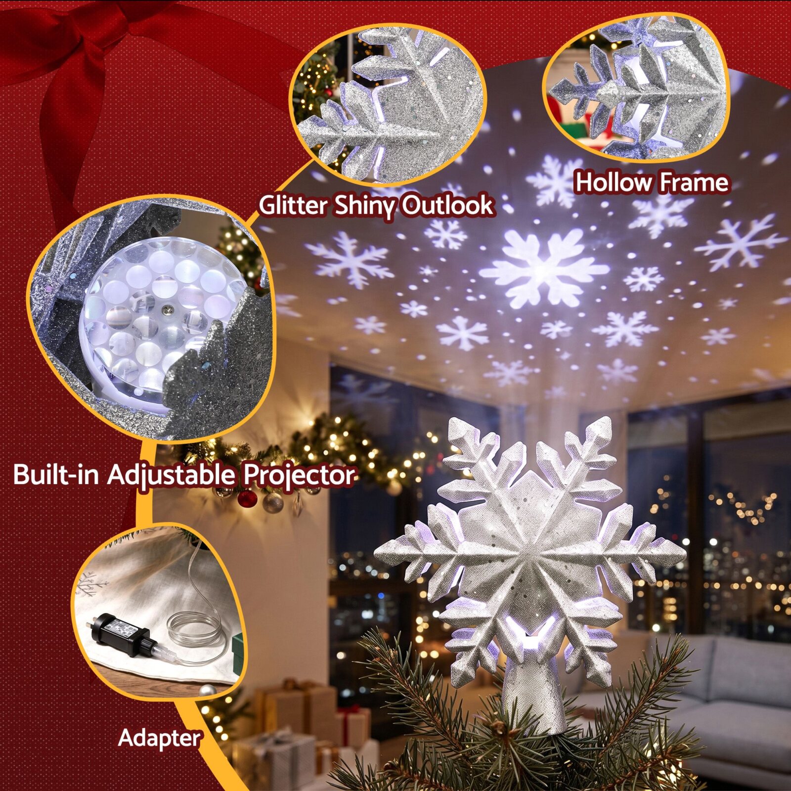 Jingle Jollys Christmas Tree Topper Lighted 360° Rotating Snowflake Projector