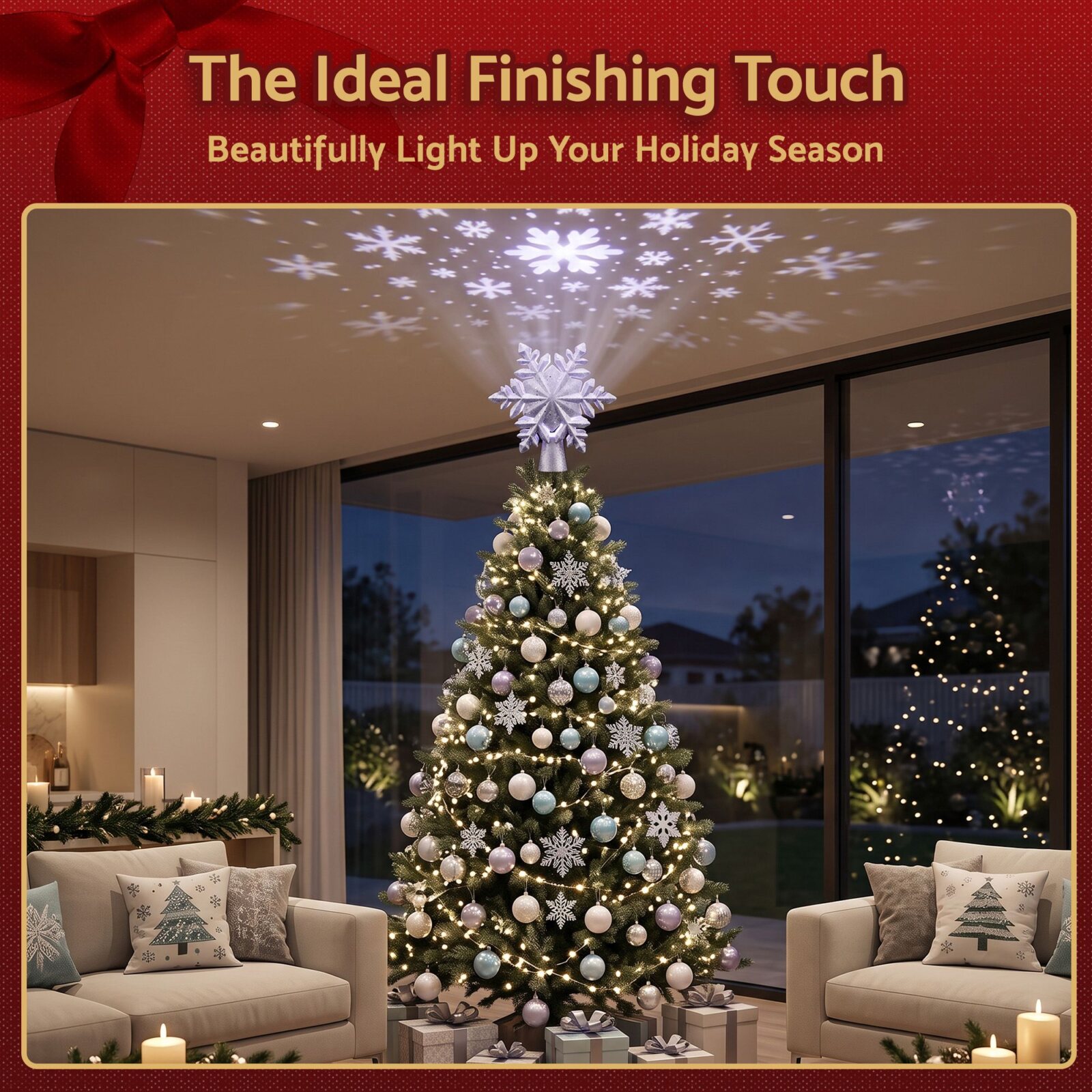 Jingle Jollys Christmas Tree Topper Lighted 360° Rotating Snowflake Projector