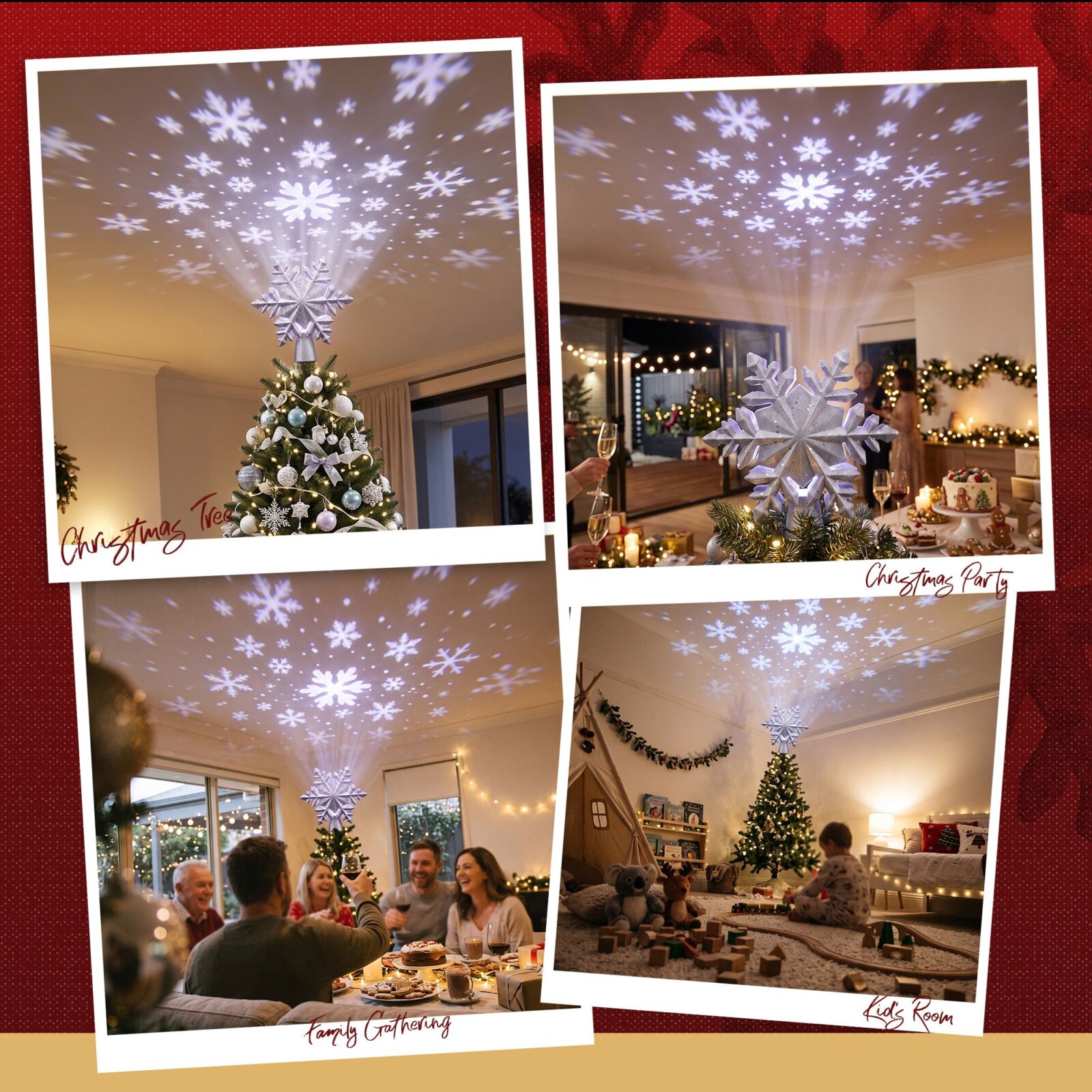 Jingle Jollys Christmas Tree Topper Lighted 360° Rotating Snowflake Projector