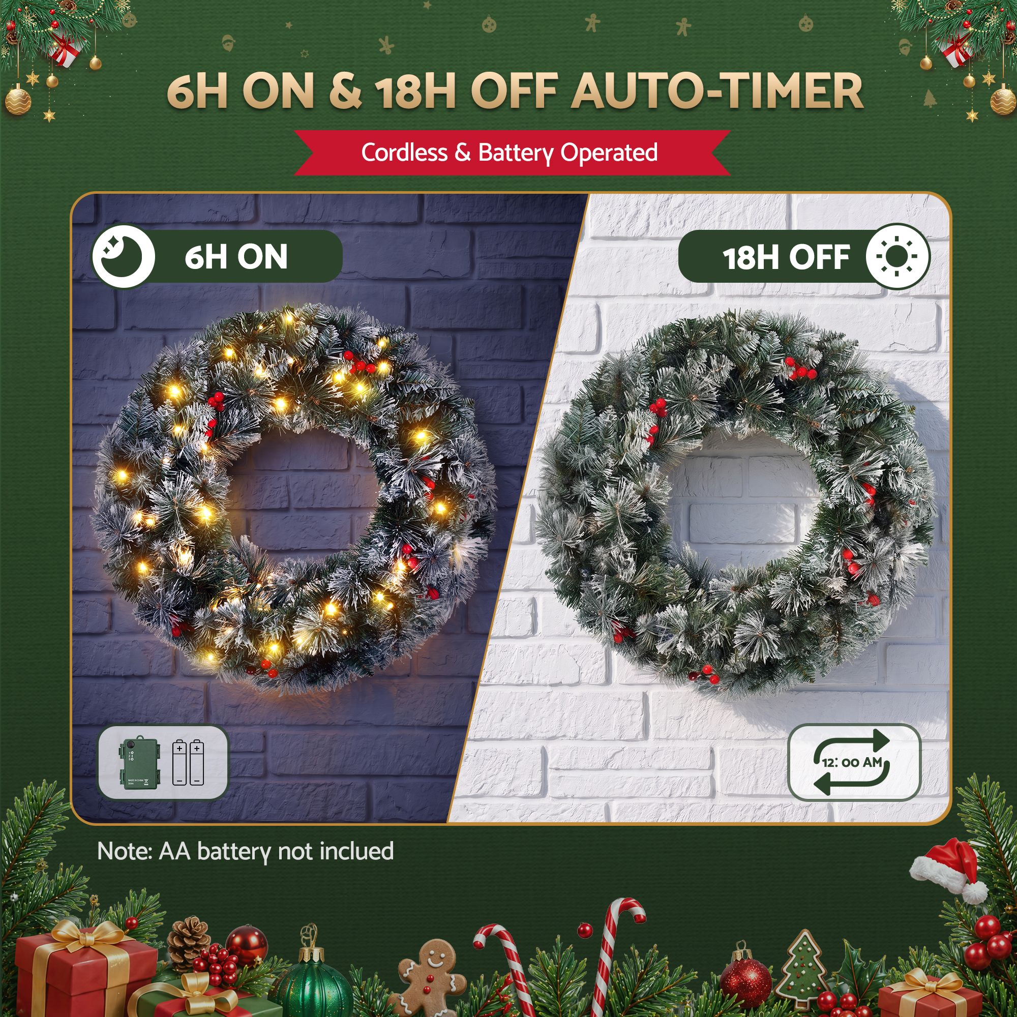 Jingle Jollys 60cm Christmas Wreath LED Lights Snowy Berries Garland Party Decor