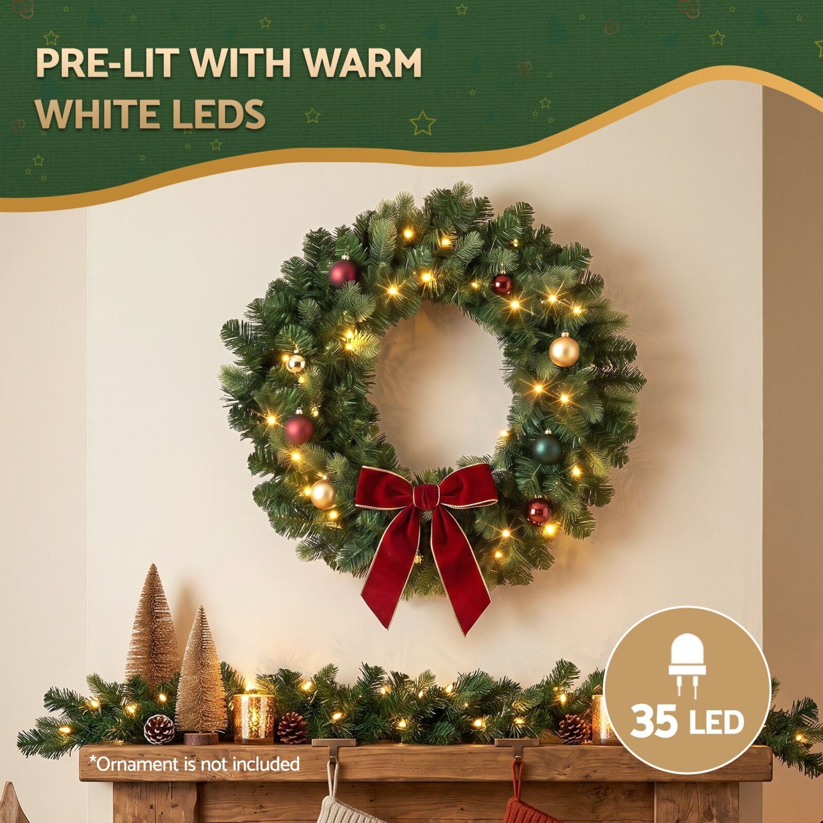 Jingle Jollys 60cm Pre-Lit Christmas Wreath GarlandsWarm White LED Light Door