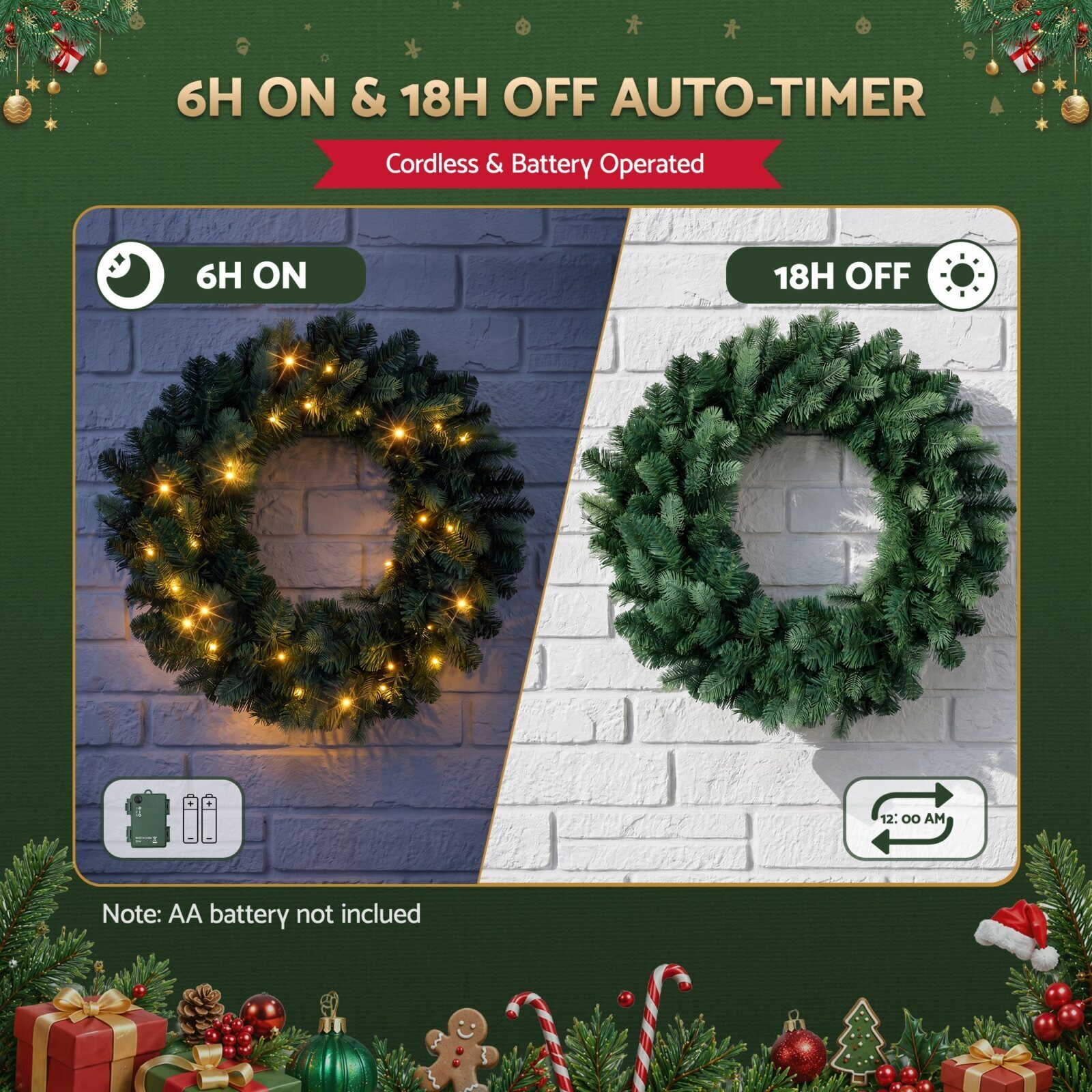 Jingle Jollys 60cm Pre-Lit Christmas Wreath GarlandsWarm White LED Light Door